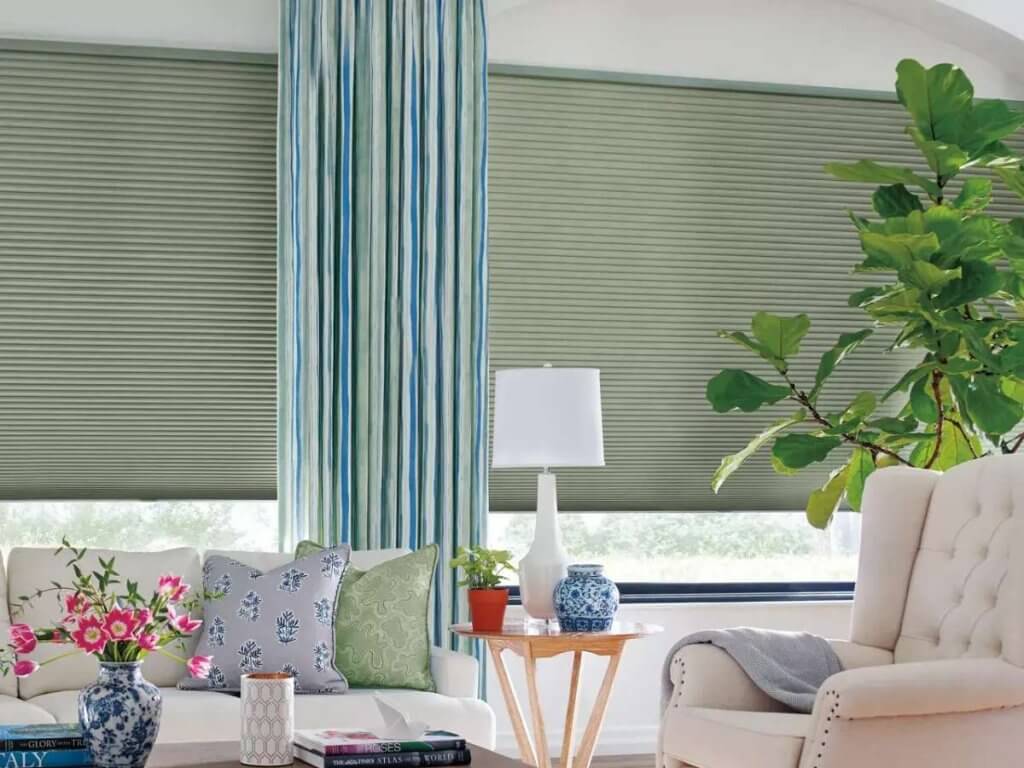 Hunter Douglas Cellular Shades with Striped Curtains